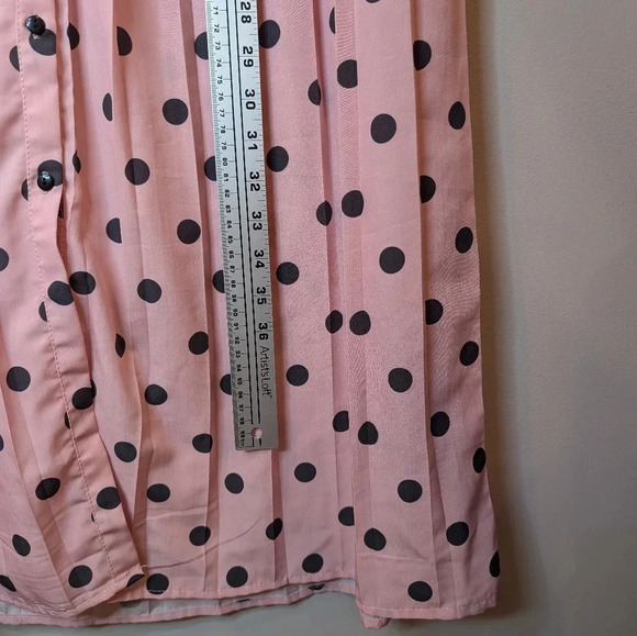 Polka Dot Dress Ascot Neck Tie Bow Pink Black Full Button Down Midi Length Small - Picture 12 of 13